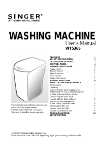 Manual Singer WT5365 Washing Machine