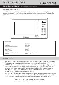 Manual Cookworks EM820CFD Microwave