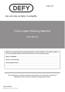 Manual Defy DAW 376 Washing Machine