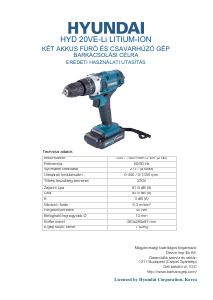 Használati útmutató Hyundai HYD20VE-Li Fúró-csavarozó