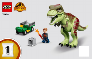 Vadovas Lego set 76944 Jurassic World Dinozauro tiranozauro pabėgimas