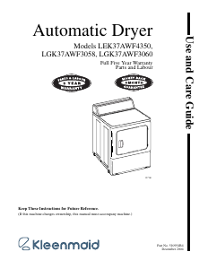 Manual Kleenmaid LGK37AF3060 Dryer