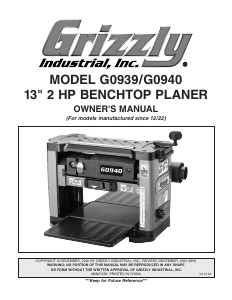 Manual Grizzly G0939 Planer