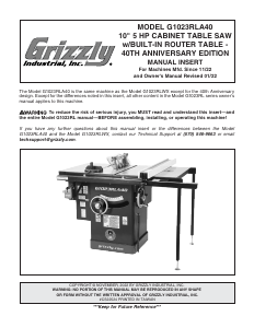 Manual Grizzly G1023RLA40 Table Saw