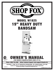 Manual Shop Fox W1825 Band Saw