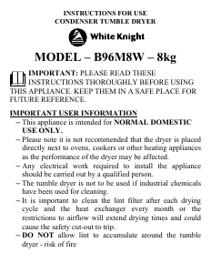 Manual White Knight B96M8W Dryer