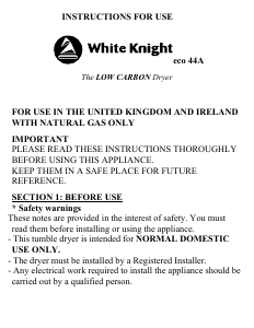 Handleiding White Knight ECO44A Wasdroger