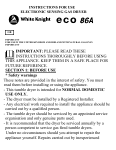 Manual White Knight ECO86A Dryer