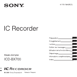 Mode d’emploi Sony ICD-BX700 Enregistreur numérique