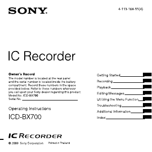 Manual Sony ICD-BX700 Audio Recorder