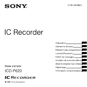 Mode d’emploi Sony ICD-P620 Enregistreur numérique