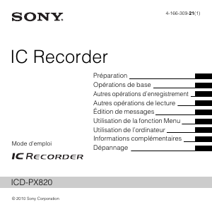 Mode d’emploi Sony ICD-PX820 Enregistreur numérique