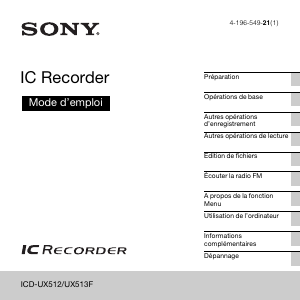 Mode d’emploi Sony ICD-UX513F Enregistreur numérique