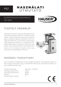 Használati útmutató Hauser MG-800 Húsdaráló