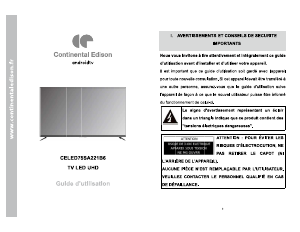 Mode d’emploi Continental Edison CELED75SA221B6 Téléviseur LED