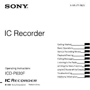 Manual Sony ICD-P630F Audio Recorder