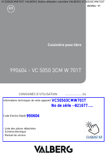 Mode d’emploi Valberg VC50503CMW701T Cuisinière