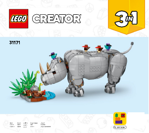 Rokasgrāmata Lego set 31171 Creator Savvaļas dzīvnieki: Majestātiskais degunradzis ar putniem
