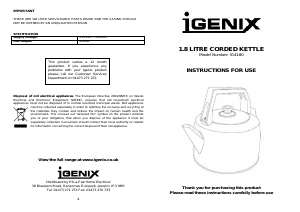 Manual Igenix IG4180 Kettle