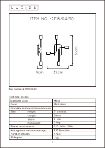 Manual de uso Lucide 21118/04/30 Lester Lámpara