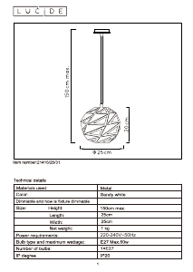 Manual Lucide 21415/25/31 Malunga Lampă