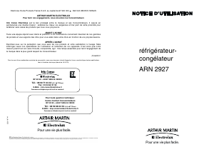 Mode d’emploi Arthur Martin-Electrolux ARN2927 Réfrigérateur combiné