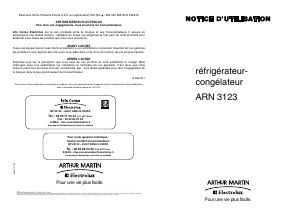 Mode d’emploi Arthur Martin-Electrolux ARN3123 Réfrigérateur combiné
