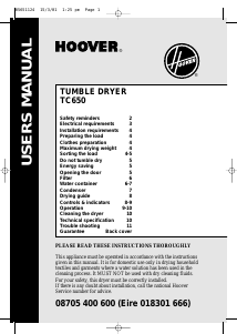 Manual Hoover TC 650 001 Dryer