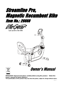 Manual LifeGear 26660 Streamline Pro Exercise Bike