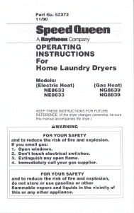 Manual Speed Queen NG8839 Dryer