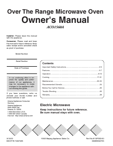 Manual Amana ACO1560AW Microwave