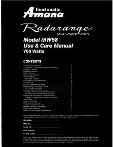 Handleiding Amana MW58 Radarange Magnetron