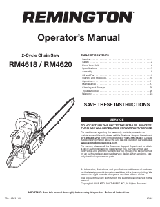 Manual de uso Remington RM4618 Sierra de cadena