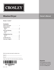 Manual Crosley XUD27E/GSSMWW Washer-Dryer