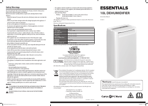 Manual Currys Essentials C10DH19 Dehumidifier