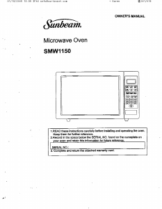 Manual Sunbeam SMW1150 Microwave