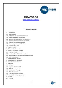 Mode d’emploi Mpman MP-CS100 Lecteur Mp3