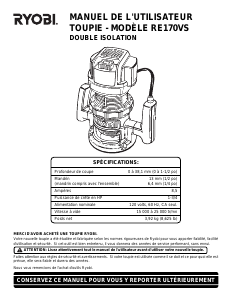 Mode d’emploi Ryobi RE170VS Défonceuse multifonction