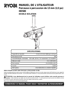 Mode d’emploi Ryobi HD500 Perceuse à percussion