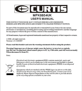 Manual Curtis MPK8854UK Mp3 Player