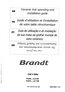 Manual Brandt TV250XT1 Hob