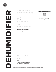 Manual de uso GE ADEL30LWQ1 Deshumidificador