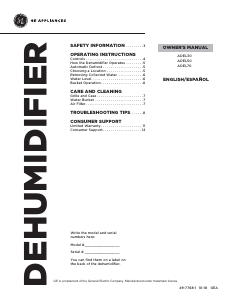 Manual GE ADEL70LWL1 Dehumidifier