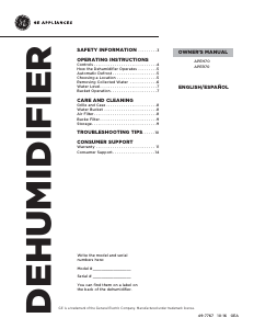 Manual de uso GE APEH70LVL1 Deshumidificador
