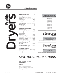 Manual de uso GE PFDS450EL2WW Secadora