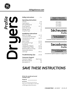 Mode d’emploi GE DPVH890EJ1MG Sèche-linge