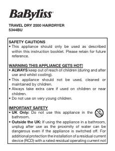 Manual BaByliss 5344BU Travel Hair Dryer