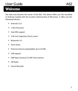 Handleiding Micromax A62 Mobiele telefoon