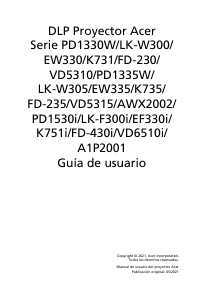 Manual de uso Acer PD1335W Proyector